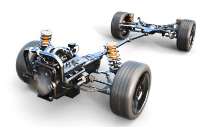 Car chassis with engine on white isolate. 3d rendering